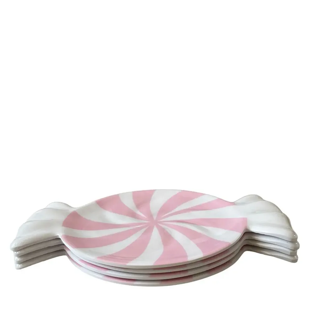 Peppermint Candy Shaped Melamine Christmas Appetizer Plate Set 4 PINK & White